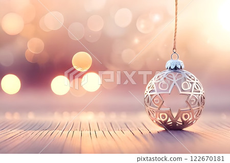 Hanging elegant beautiful transparent glass ball Christmas tree ornament decoration used for banner and background or backdrop for seasonal greetings. Holiday winter season Christmas light. Hanging elegant beautiful transparent glass ball Christmas tree ornament decoration used for banner and background or backdrop for seasonal greetings. Holiday winter season Christmas light. 122670181