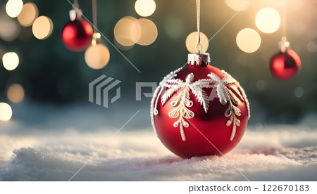 Hanging elegant beautiful red glass ball Christmas tree ornament decoration used for banner and background or backdrop for seasonal greetings. Holiday winter season dreamy Christmas light. Hanging elegant beautiful red glass ball Christmas tree ornament decoration used for banner and background or backdrop for seasonal greetings. Holiday winter season dreamy Christmas light. 122670183