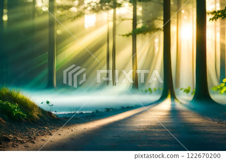 Deep forest and a ray of light from the morning sun with mystical fog nature background. 122670200