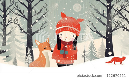 Illustration A girl and fox in the woods, white snow winter season. 122670231