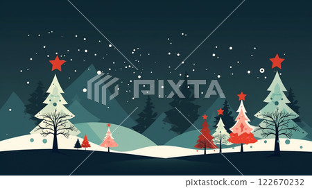 Illustration of winter tree forest landscape christmas scene. Seasonal landscape background. 122670232