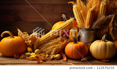 Thanksgiving and the Harvest Feast day, a day of giving thanks for the blessings of the harvest and of the preceding year. A table full of food, vegetable and fruit. 122670250