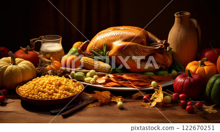 Thanksgiving and the Harvest Feast day, a day of giving thanks for the blessings of the harvest and of the preceding year. A table full of food, vegetable and fruit. 122670251