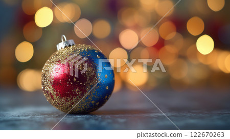 Winter seasonal Merry Christmas and happy new year background wallpaper, template, banner, poster, holiday design, beautiful christmas ball sphere christmas tree ornament. 122670263