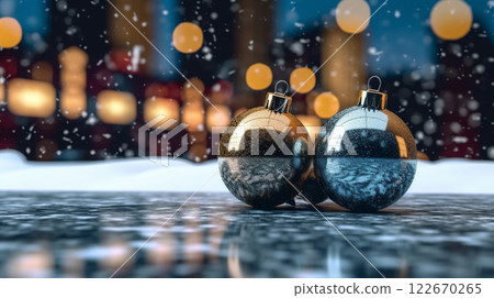 Winter seasonal Merry Christmas and happy new year background wallpaper, template, banner, poster, holiday design, beautiful christmas ball sphere christmas tree ornament. 122670265