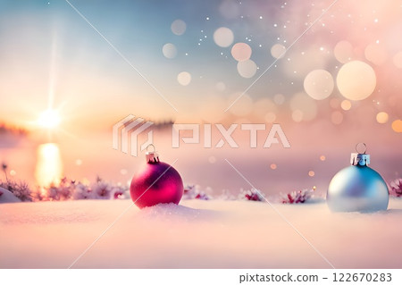Red and blue Christmas tree decoration or Christmas ball decor sit on the snow on holiday snowy beautiful soft dreamy winter atmosphere and nature background with sunrise morning Christmas backdrop. Red and blue Christmas tree decoration or Christmas ball decor sit on the snow on holiday snowy beautiful soft dreamy winter atmosphere and nature background with sunrise morning Christmas backdrop. 122670283