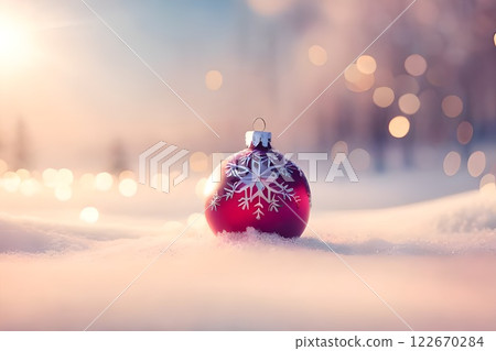 Red Christmas tree decoration or Christmas ball decor sit on the white snow on holiday snowy beautiful soft dreamy winter atmosphere and nature background with sunrise morning Christmas backdrop. 122670284