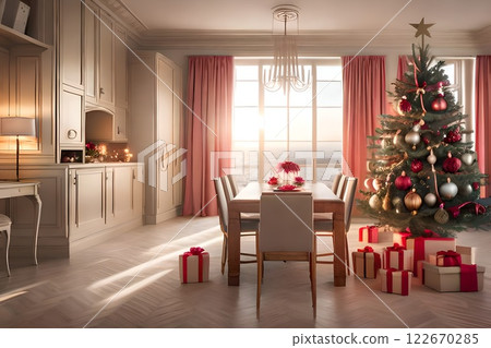 Beautiful and Cozy Christmas dining room decoration and a Christmas tree, Holiday atmosphere in winter season. Morning Christmas sunrise through the window. Beautiful and Cozy Christmas dining room decoration and a Christmas tree, Holiday atmosphere in winter season. Morning Christmas sunrise through the window. 122670285
