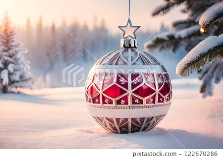 Red Christmas tree decoration or Christmas ball decor sit on the white snow on holiday snowy beautiful soft dreamy winter atmosphere and nature background with sunrise morning Christmas backdrop. Red Christmas tree decoration or Christmas ball decor sit on the white snow on holiday snowy beautiful soft dreamy winter atmosphere and nature background with sunrise morning Christmas backdrop. 122670286