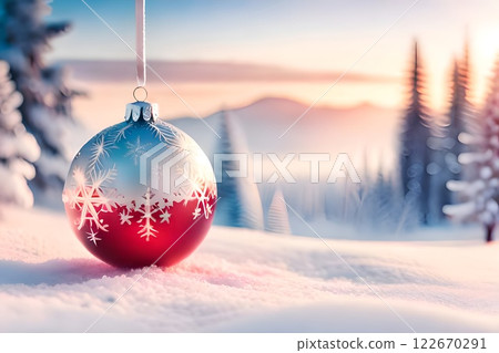Silver red Christmas tree decoration or Christmas ball sit on the white snow on holiday snowy beautiful soft dreamy winter atmosphere and nature background with sunrise morning Christmas backdrop. 122670291