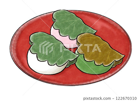 Three-colored kashiwamochi on a red plate Three-colored kashiwamochi on a red plate 122670310