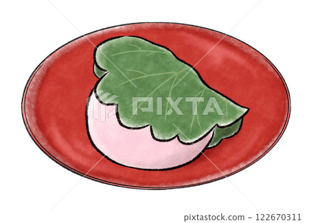 Pink kashiwamochi on a red plate 122670311