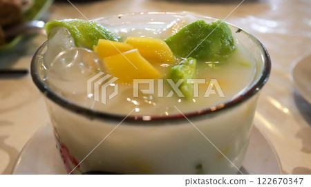 Es Teler Avocado and Jackfruit, Indonesian delight with shaved ice, avocado, coconut, grass jelly, in a blend of coconut milk, condensed milk, pandan syrup, sugar. Sweet, fresh, and creamy. 122670347
