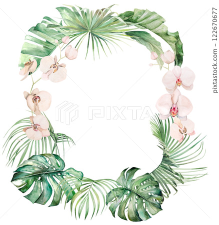 Frame with green watercolor tropical leaves and pink orchid flowers, Wedding isolated illustration 122670677