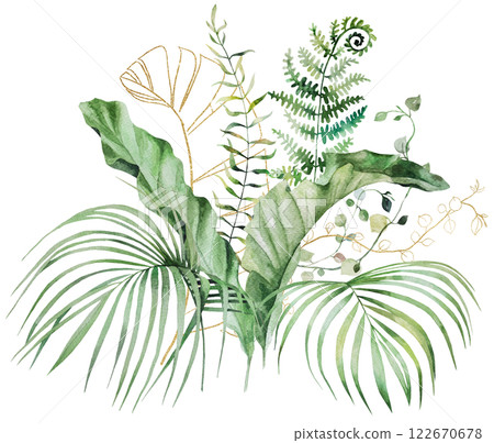 Tropical bouquet with green watercolor palm, monstera and banana leaves, Wedding isolated illustration 122670678