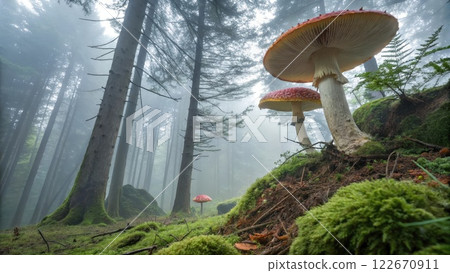 Enchanting Forest with Large Mushrooms in Misty Landscape 122670911