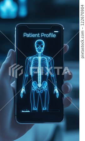 Futuristic smartphone displaying digital patient profile with skeleton 122670984