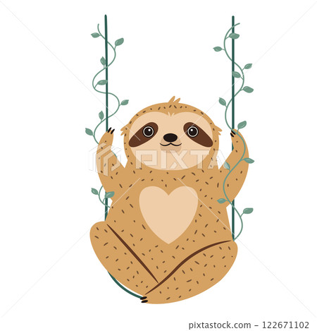 Vector illustration of cute sloth character swinging on a vine 122671102