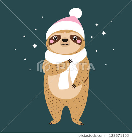 Vector illustration of cute sloth character wrapping in a scarf and winter hat 122671103
