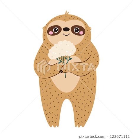 Vector illustration of cute sloth character holding flowers 122671111