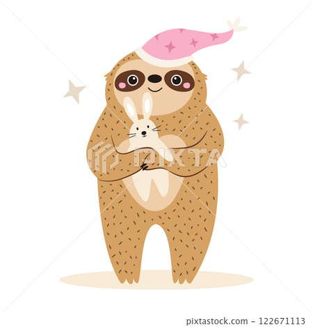 Vector illustration of cute sloth character in a sleeping hat holding toy rabbit Vector illustration of cute sloth character in a sleeping hat holding toy rabbit 122671113