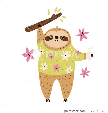 Vector illustration of cute sloth character hanging on the branch with coffee cup 122671126