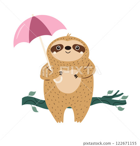 Vector illustration of cute sloth character sitting on a tree branch with umbrella. 122671155