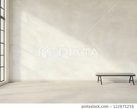 Minimalist interior design featuring a bench and natural light in a spacious room 122671258