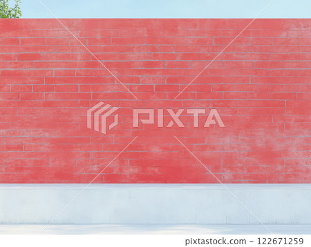 Colorful brick wall with clear blue sky above in a urban environment 122671259