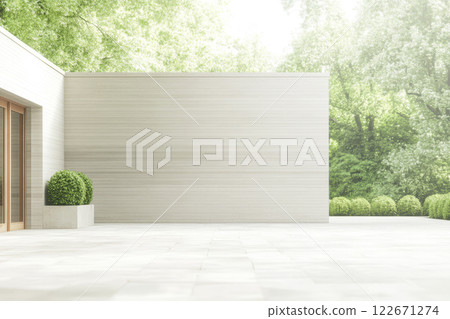 Serene outdoor space featuring minimalistic design and lush greenery in soft sunlight 122671274