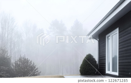 Misty morning with a modern house surrounded by fog in a tranquil forest 122671285