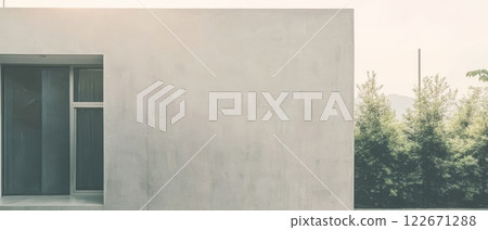 Modern architecture with minimalist design and natural surroundings in bright daylight 122671288