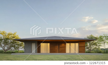 Modern wooden house surrounded by greenery at sunset in an open landscape 122671315