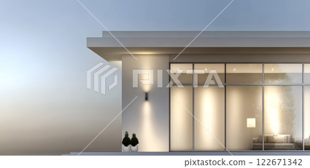 Modern residential architecture showcasing sleek design and contemporary lighting at dusk 122671342