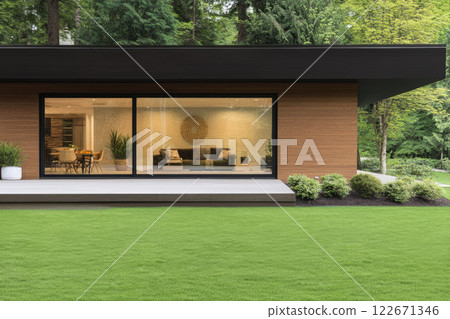 Modern house with large windows and green lawn surrounded by trees in a serene setting 122671346