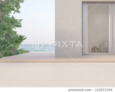 Serene coastal view of modern architecture and lush greenery in a tranquil setting Serene coastal view of modern architecture and lush greenery in a tranquil setting 122671348