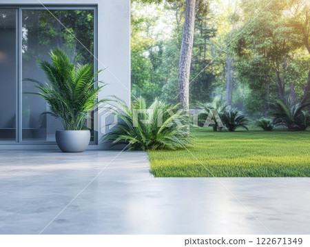 Contemporary outdoor area featuring lush greenery and sleek concrete patio in bright daylight Contemporary outdoor area featuring lush greenery and sleek concrete patio in bright daylight 122671349