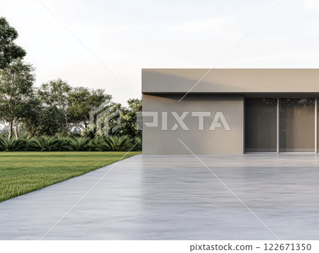 Minimalist architectural design featuring a modern structure in a lush green landscape 122671350