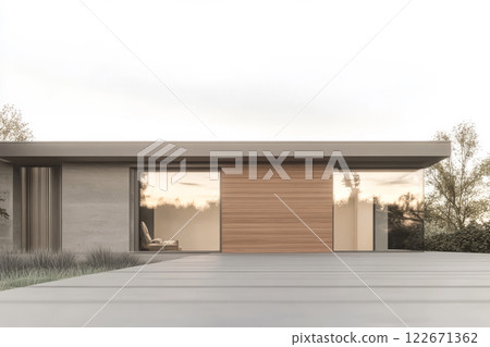 Modern architecture showcases minimalism and natural light in suburban setting 122671362