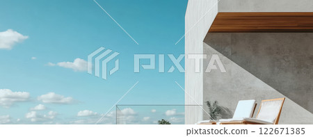 Sky and modern architecture create a serene space with lounging chairs in a sunny environment 122671385