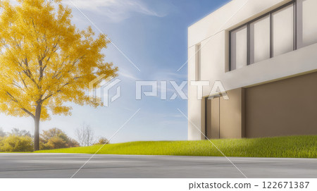 Modern architecture contrasts with vibrant autumn tree in serene outdoor setting 122671387