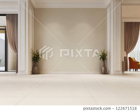Spacious living room interior with elegant decor and soft lighting 122671518