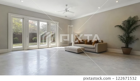 Bright and minimal living room with panoramic windows and plush seating 122671532