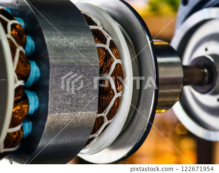Close-up view of intricate motor components emphasizing coil windings in an industrial setting during daylight hours 122671954