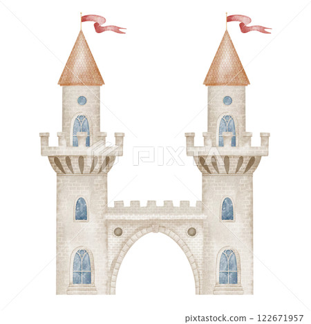 Watercolor fairytale Castle with Towers, stone walls, and flags. Illustration in pastel colors of magical fortress for childish greeting cards or nursery posters. Drawing of fantasy building for kids. Watercolor fairytale Castle with Towers, stone walls, and flags. Illustration in pastel colors of magical fortress for childish greeting cards or nursery posters. Drawing of fantasy building for kids. 122671957