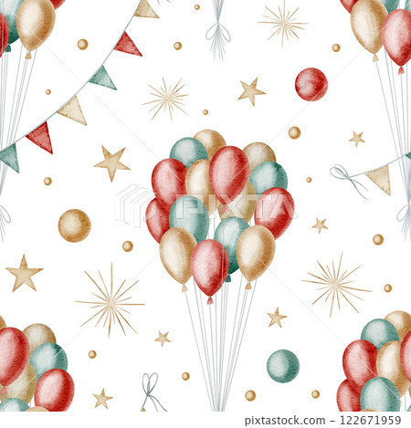 Seamless watercolor Pattern with festive Balloons, stars and ribbons in red, green, and gold colors. illustration of background for childish birthday design or party wrapping paper design. Seamless watercolor Pattern with festive Balloons, stars and ribbons in red, green, and gold colors. illustration of background for childish birthday design or party wrapping paper design. 122671959
