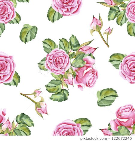 Watercolor roses. Seamless pattern of rose flowers, stems, leaves and buds. The drawing is made in watercolor technique by hand on an isolated background. Illustration for your design. Watercolor roses. Seamless pattern of rose flowers, stems, leaves and buds. The drawing is made in watercolor technique by hand on an isolated background. Illustration for your design. 122672240