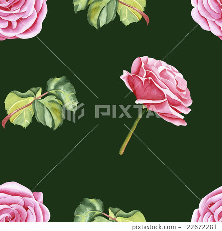 Watercolor seamless pattern of botanical flowers and leaves on a colored background. Garden pink rose. Realistic illustration. Hand drawn in botanical style. Image for your design 122672281