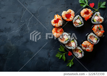 Heart-shaped sushi arrangement for a romantic valentine's day celebration 122672330