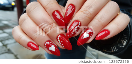Stunning valentine's day manicure with red and white hearts on a woman's hand 122672356